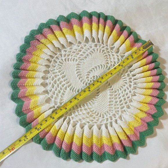 Handmade Crocheted Doily Pink Green Yellow White Ruffled 11” Vintage - Picture 6 of 9